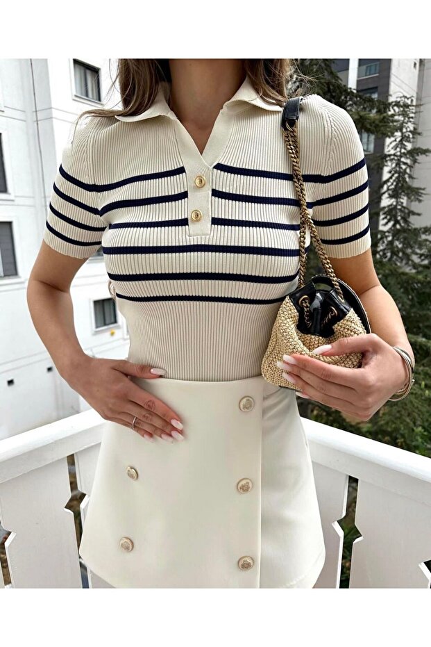 Striped Ribbed Button Detailed Blouse - 1