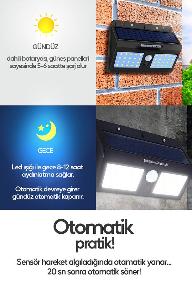 Sensörlü Bahçe Aydınlatma Lambası Solar Güneş Panelli Tam Otomatik Modlu Dış Mekan Aydınlatma - 2