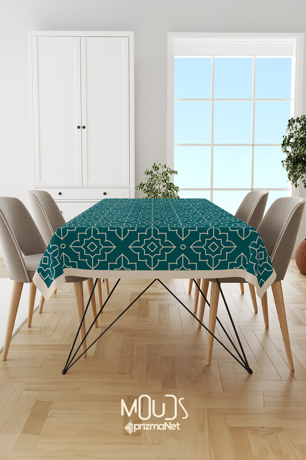 Turquoise White Ornament Islamic Patterned Suede Fabric Carefree Tablecloth Square and Rectangular - 2