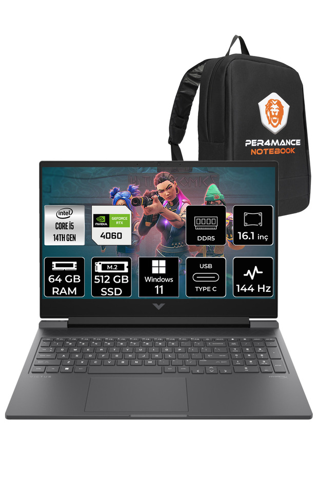 VİCTUS 16  i5-14500HX 64GB RAM 512GB SSD RTX4060/8GB 144Hz 16.1 FHD W11PRO 9J238EA & PER4 ÇANTA - 1