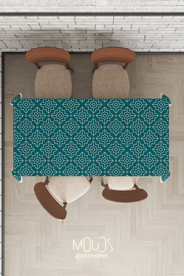 Turquoise White Ornament Islamic Patterned Suede Fabric Carefree Tablecloth Square and Rectangular - 4