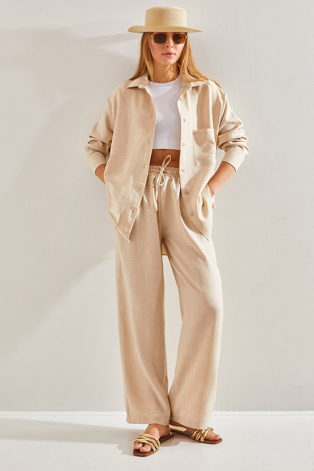 Women's Stone Waist Elasticized Trousers Top and Bottom Set 60111075