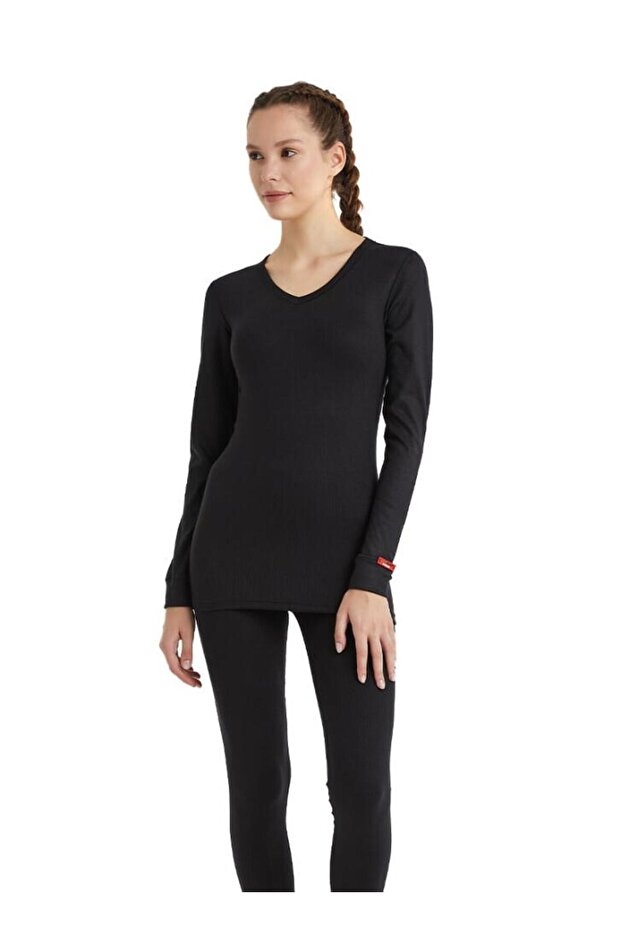 1257 Black Unisex Long Sleeve V-Neck Thermal Top