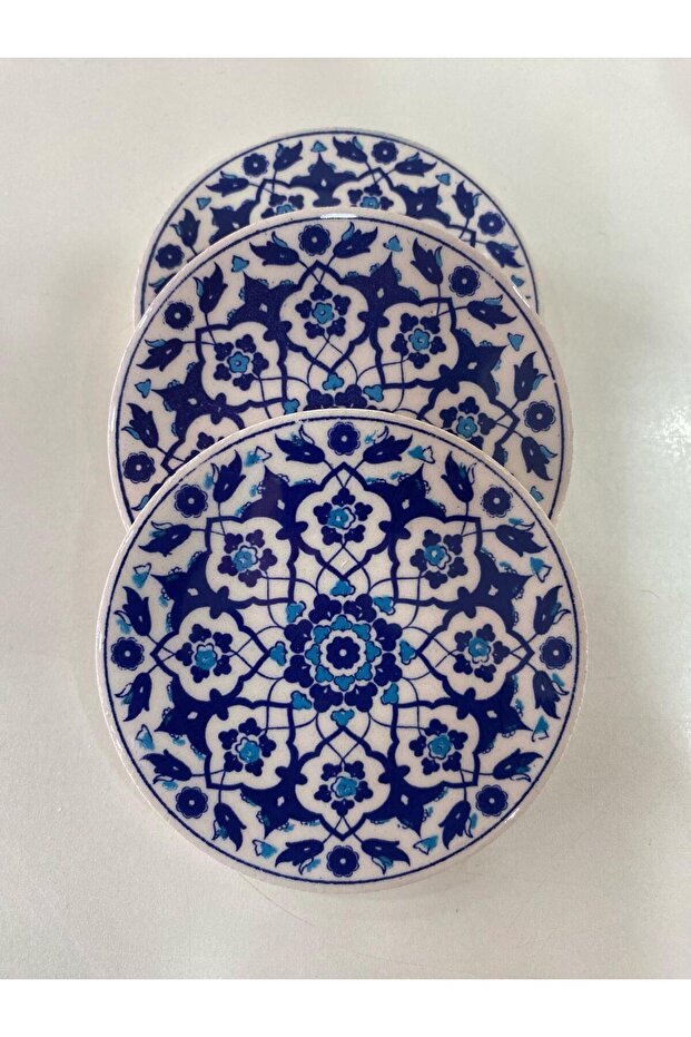 3 Pieces 9 cm Tile Patterned Ceramic Coasters - 3