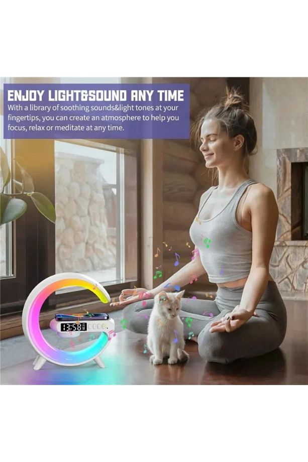 Akıllı Gece Lambası Speaker Bluetooth Hoparlör Kablosuz Şarj Rgb Masa Lambası Dekoratif  Saatli - 8