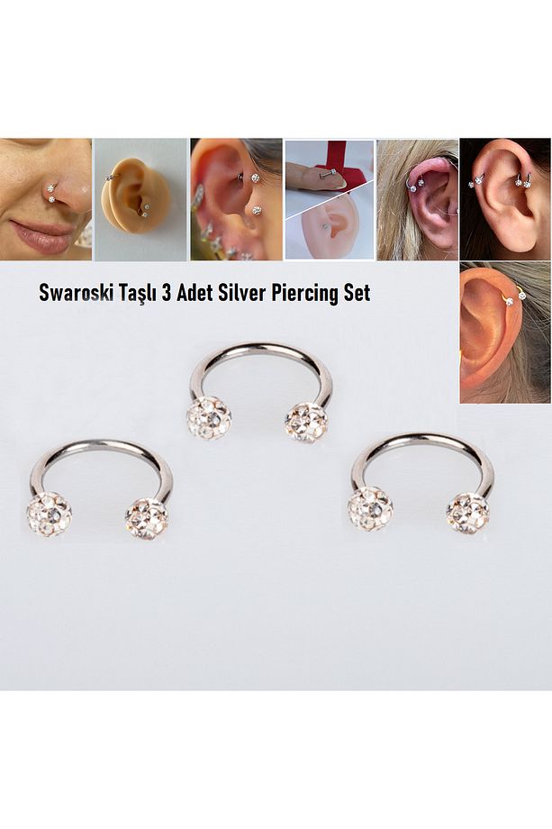 316l Cerrahi Çelik Antialerjik i Taşlı Şambala 3 Adet Halka Hızma Küpe Piercing Set - 1