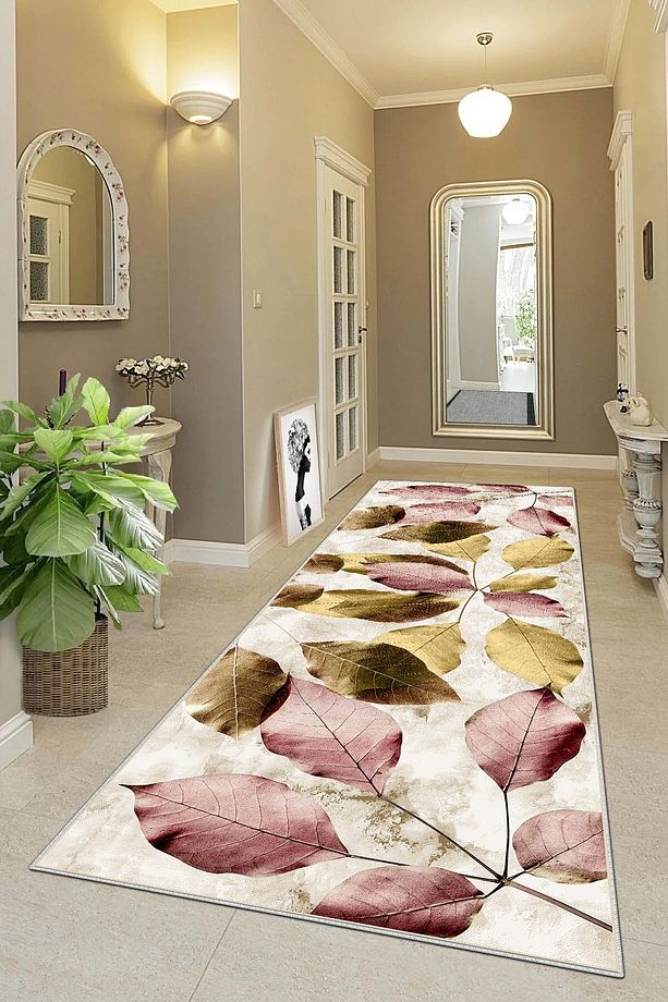 Gold Pembe Yaprak Desenli Dijital Baskı Yıkanabilir Kaymaz Taban Salon Halısı ve Yolluk - 2