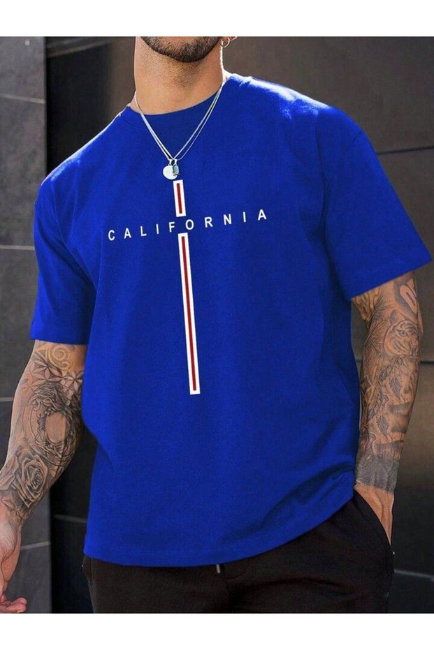 California Printed Crew Neck Cobalt Blue Oversize T-Shirt
