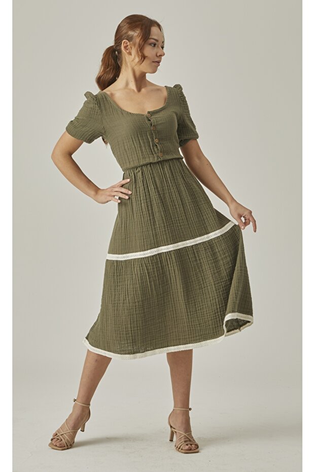MUSLIN WATERMELON SLEEVE MIDI SIZE SCURFED DRESS