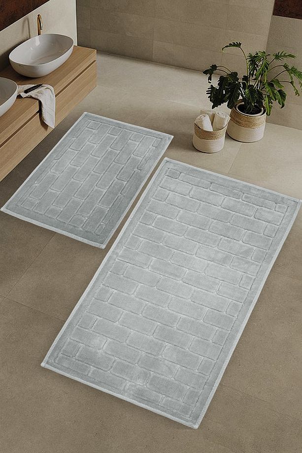Tuğla Desen Doğal Pamuklu Yıkanabilir 2'li Banyo Halısı Seti 6 RENK SEÇENEĞİ - 1