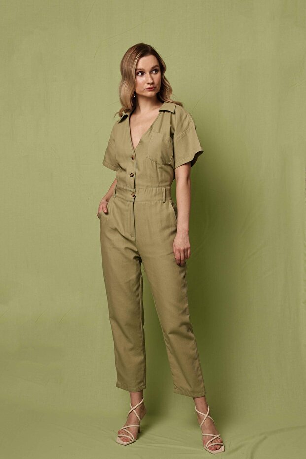 Kadın Düğmeli Basic Tulum - 7