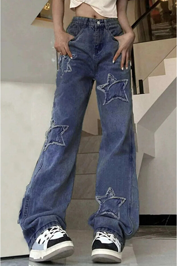 Y2K Blue Jeans - Star Star Patch Unisex Baggy Jeans, Oversize Straight Pants
