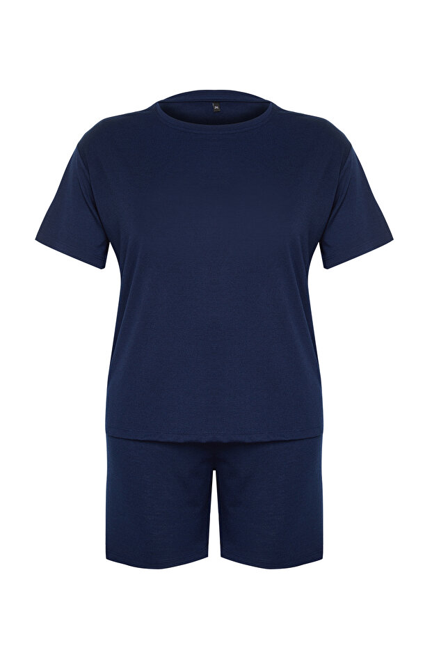 Lacivert Bisiklet Yaka 3'lü Örme Pijama Takımı TBBSS24AI00041 - 8