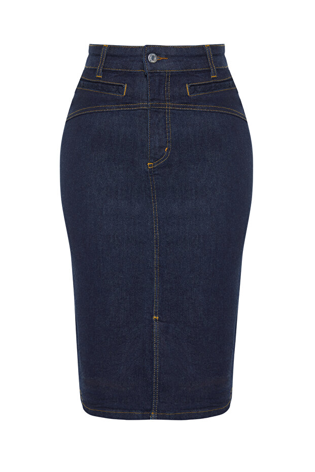 Koyu Mavi Yırtmaçlı Mini Boy Comfort/Orta Esnek Büyük Beden Denim Kalem Etek TBBSS24AZ00026 - 8