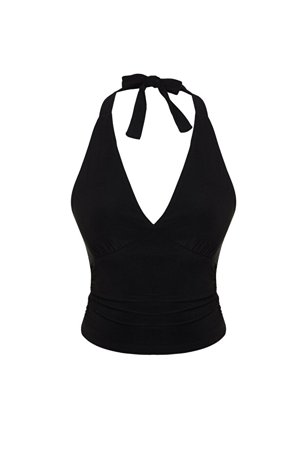 Siyah Boyundan Bağlamalı Vücuda Oturan Esnek Crop Örme Bluz TWOSS24BZ00061 - 7
