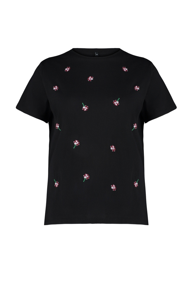 Boyfriend kivágott fekete virágos hímzésű nagy méretű póló - 100% pamut TBBSS24BF00029 - 7