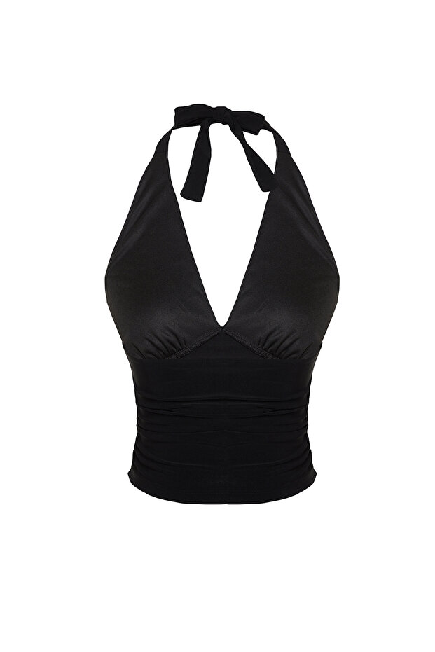 Siyah Boyundan Bağlamalı Vücuda Oturan Esnek Crop Örme Bluz TWOSS24BZ00061 - 8