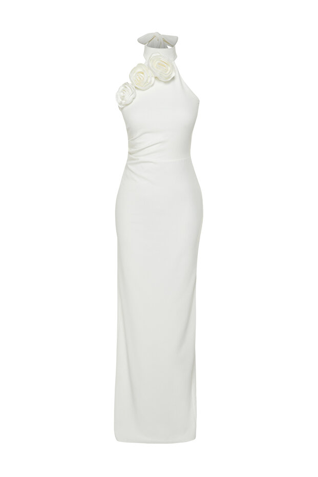 Bridal Beyaz Gül Detaylı Dokuma Şık Abiye Gece Mezuniyet Elbisesi TPRSS24AE00011 - 9