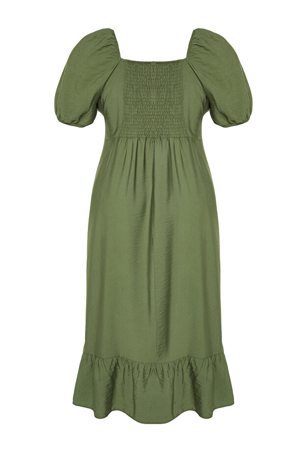 Khaki szögletes gallérú ballonos ujjú szőtt ruha TBBSS24AH00066 - 8