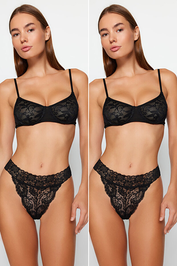 Siyah 2'li Paket Dantelli Tanga Örme Külot THMAW23KU00027 - 1