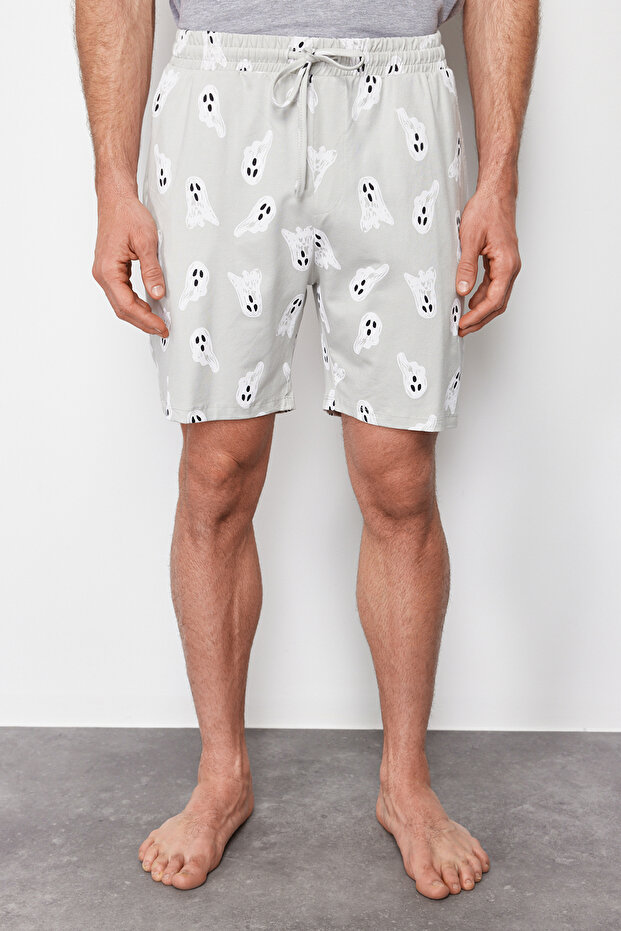 Gri Baskılı Regular Fit Örme Şortlu Pijama Takımı TMNSS24PT00024 - 4