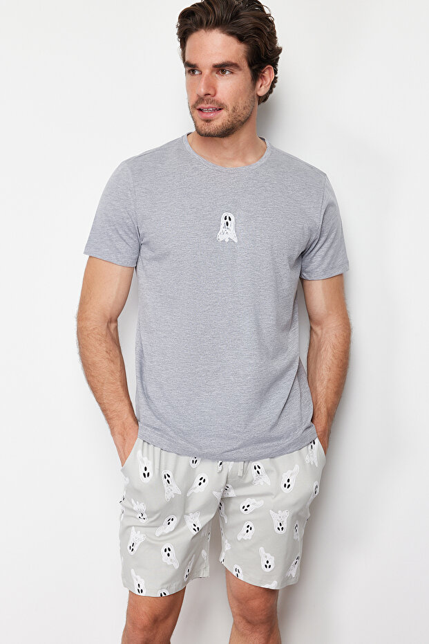 Gri Baskılı Regular Fit Örme Şortlu Pijama Takımı TMNSS24PT00024 - 1