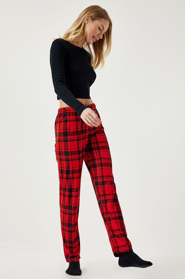 Kadın Kırmızı Desenli Yumuşak Dokulu Örme Pijama Altı CE00089 - 3