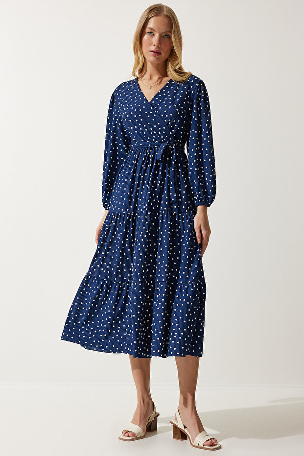 Rochie tricotată cu buline, cu guler înfășurat, albastru bleumarin pentru femei MC00265 - 3