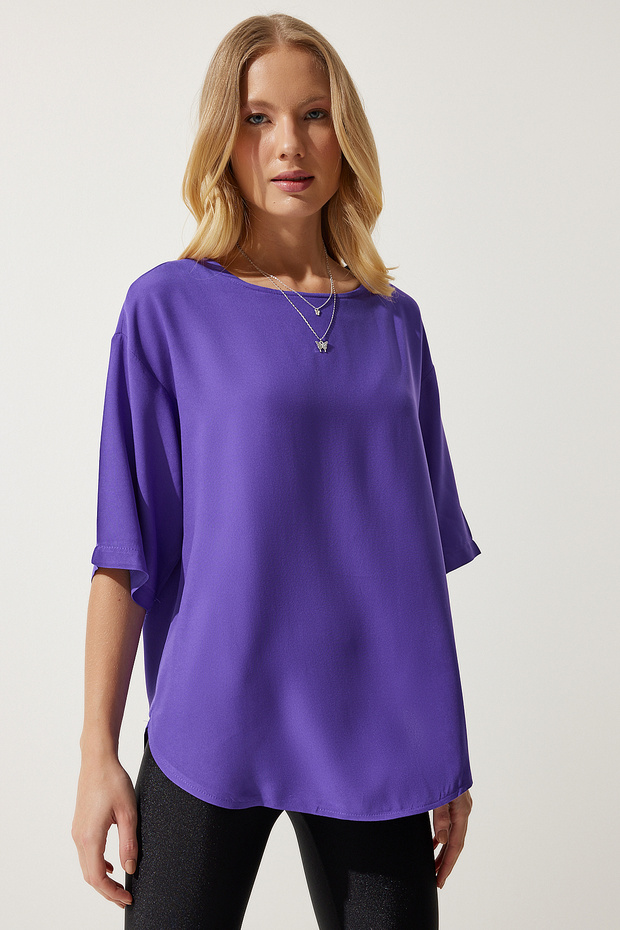 Women's Purple Crew Neck Flowing Viscose Blouse RC00152
