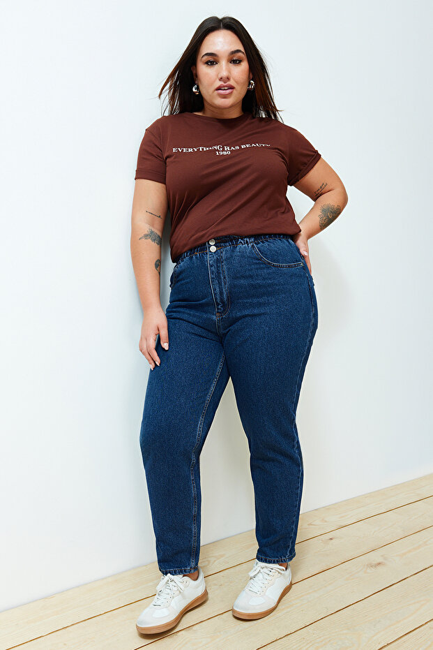 Mavi Yüksek Bel Beli Lastikli %100 Non-Stretch Pamuk Büyük Beden Mom Jeans TBBAW23JE00002 - 13