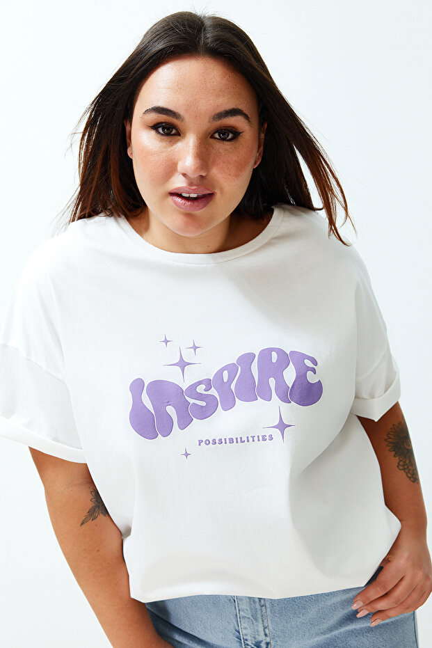 Ekru Unisex Oversize Rahat %100 Pamuklu Couple Örme T-Shirt TBBSS24BF00033 - 4