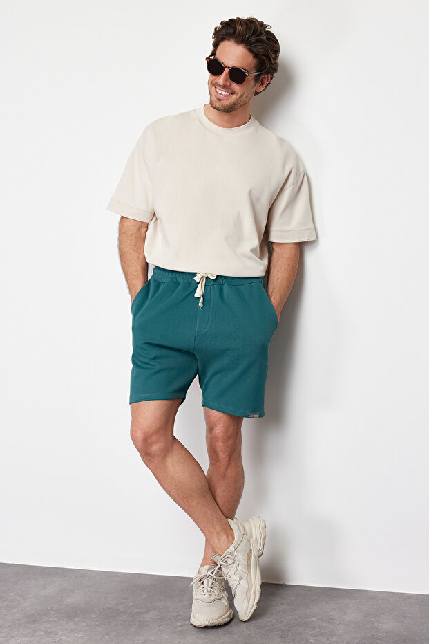 Emerald Green Regular Cut Textured 100% Cotton Shorts Tmnss24Sr00022