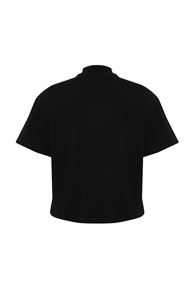 Siyah %100 Kalın Pamuklu Dik Yaka Truvakar Kol Örme T-Shirt TWOSS24TS00074 - 8