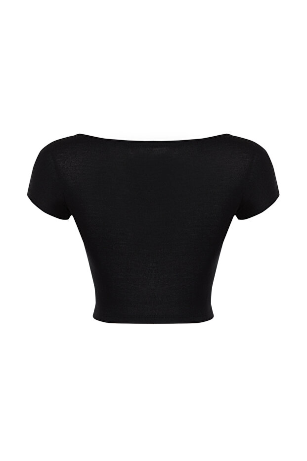 Siyah Bisiklet Yaka Ay Kol Fitted/Vücuda Oturan Crop Örme Bluz TWOSS24BZ00446 - 8