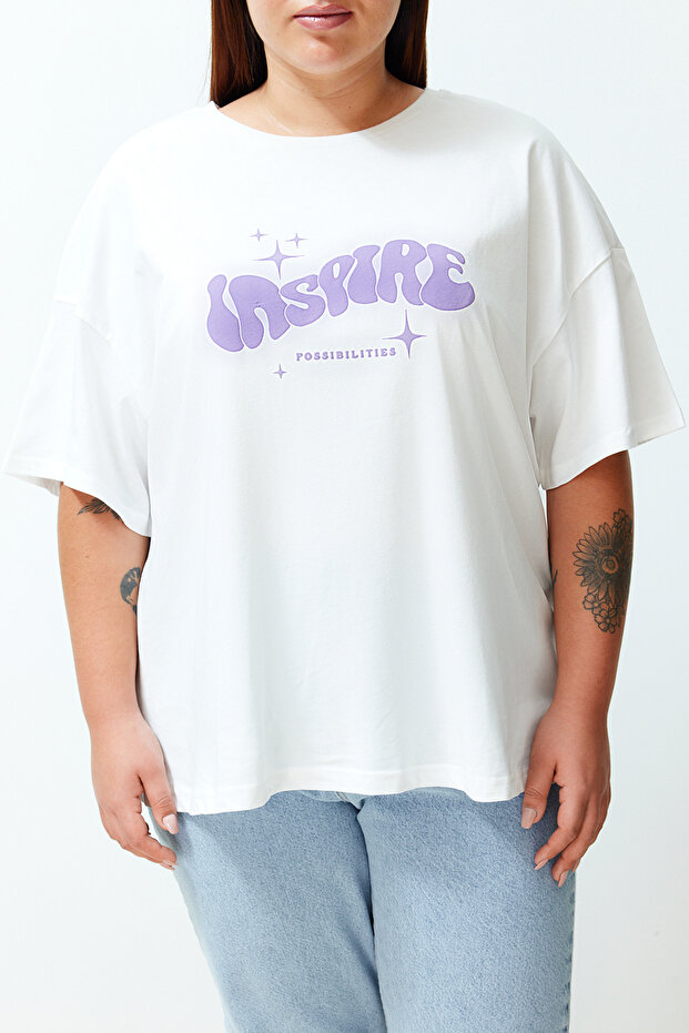 Ekru Unisex Oversize Rahat %100 Pamuklu Couple Örme T-Shirt TBBSS24BF00033 - 6