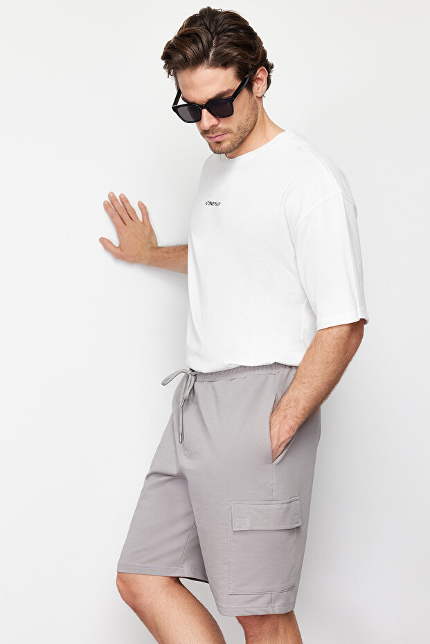 Gri Oversize/Geniş Kesim Gizli Kordonlu Lastik Belli Kargo Cepli Etiketli Şort TMNSS24SR00018 - 3