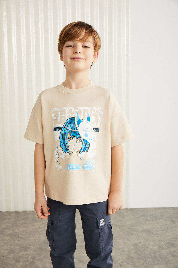 BRODERICK-GRM24013 100% cotton printed short sleeve T-shirt for boys Beige T-Shirt