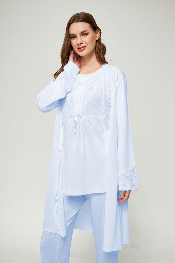 Ekru Kadın Hamile ve Lohusa Pijama Takımı 3'lü Set - 1
