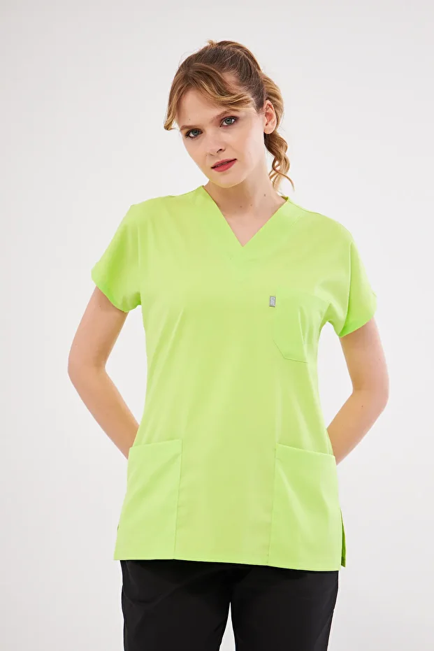 Tek Üst Neon Yeşili Likralı Hemşire Ve Doktor Forması Üstü Scrubs - 3