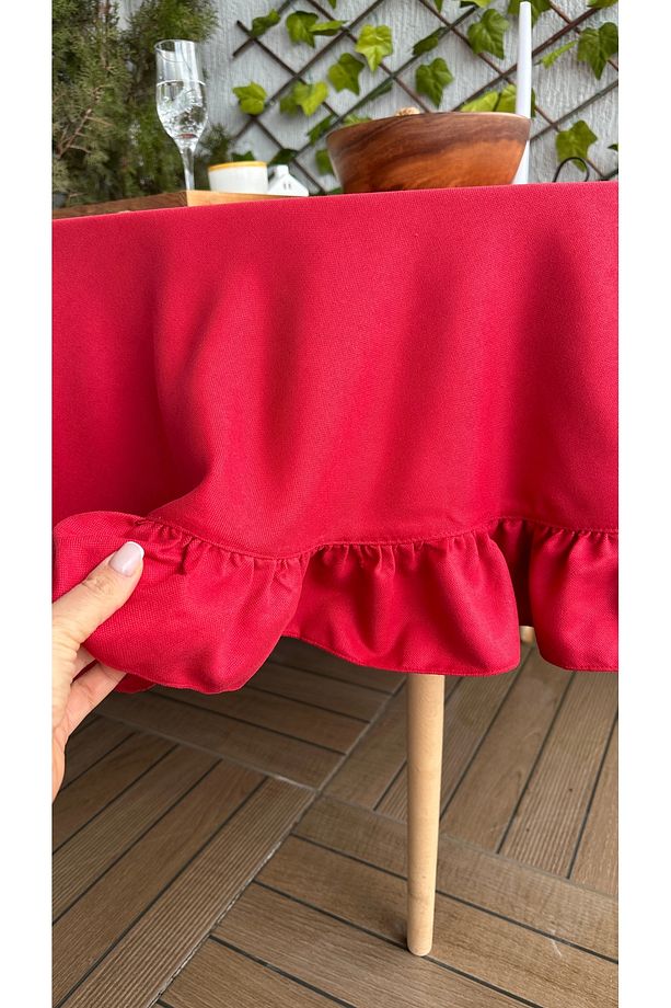 Soft Kumaş Kırmızı Fırfırlı Vintage Yuvarlak Dertsiz Masa Örtüsü - 6