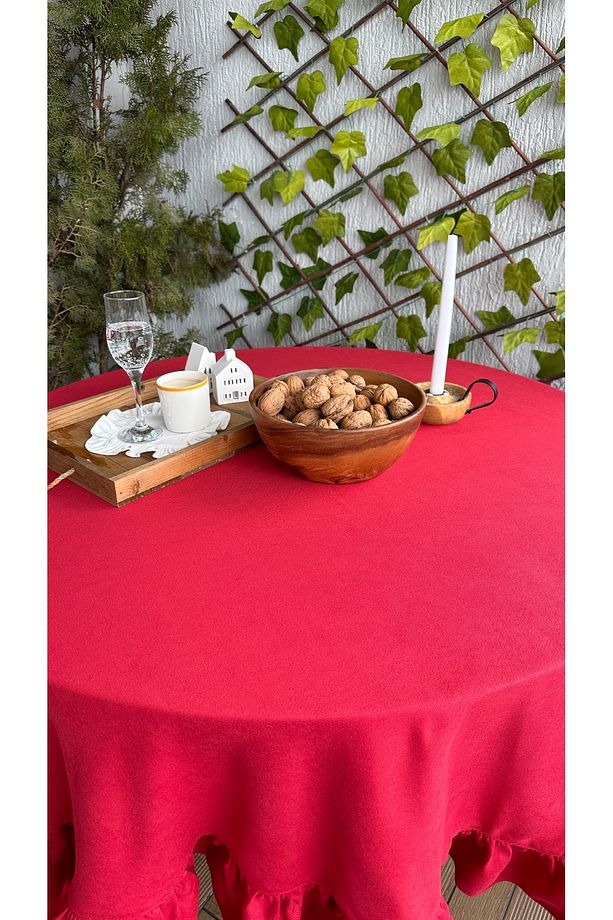 Soft Kumaş Kırmızı Fırfırlı Vintage Yuvarlak Dertsiz Masa Örtüsü - 3