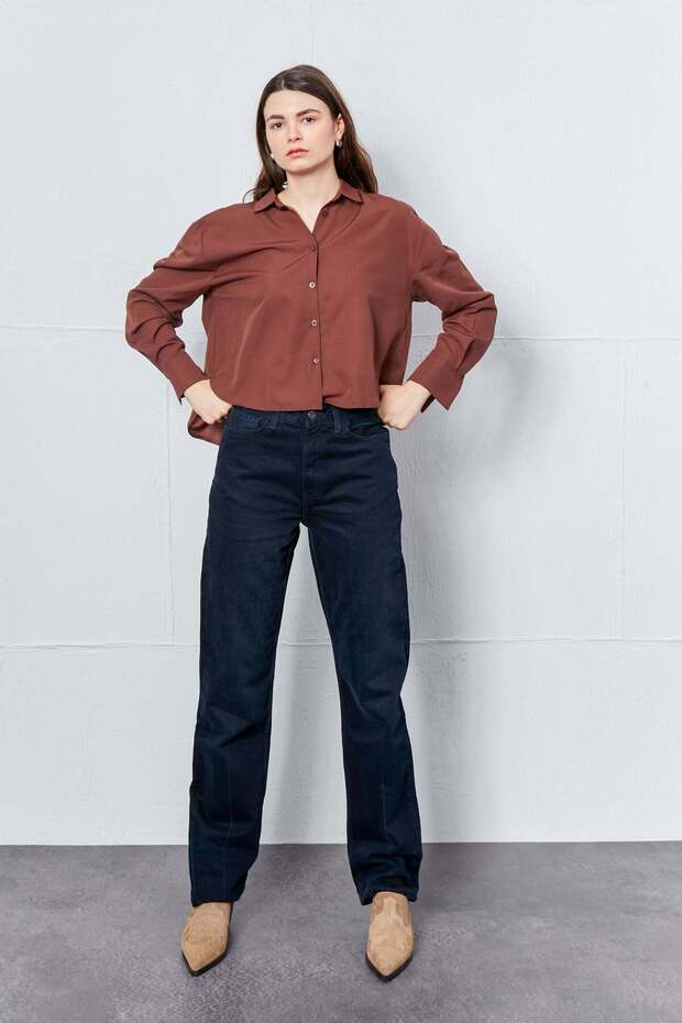 Acı Kahve Oval Kesim Basic Gömlek - 3