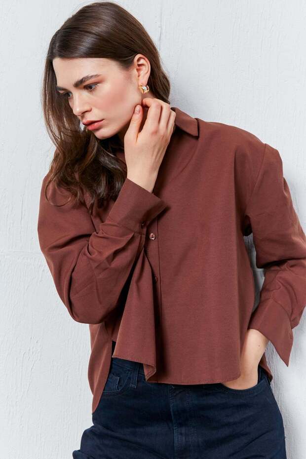 Acı Kahve Oval Kesim Basic Gömlek - 1