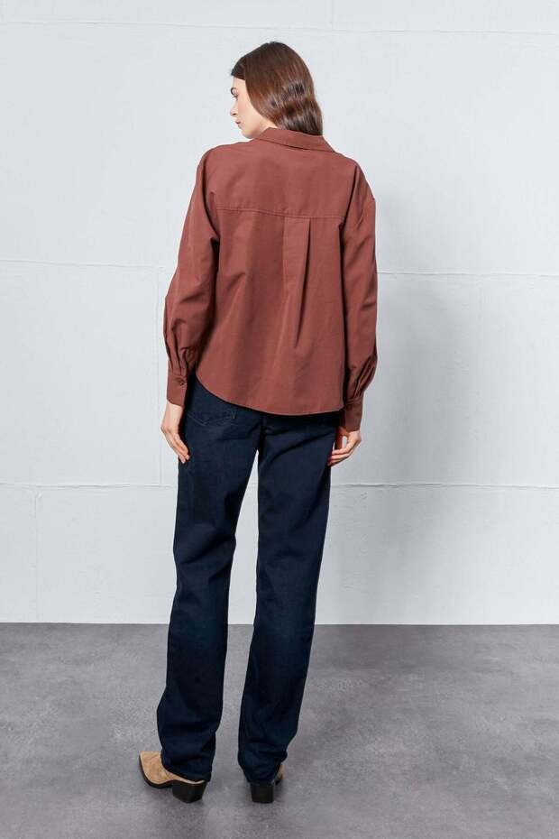 Acı Kahve Oval Kesim Basic Gömlek - 6