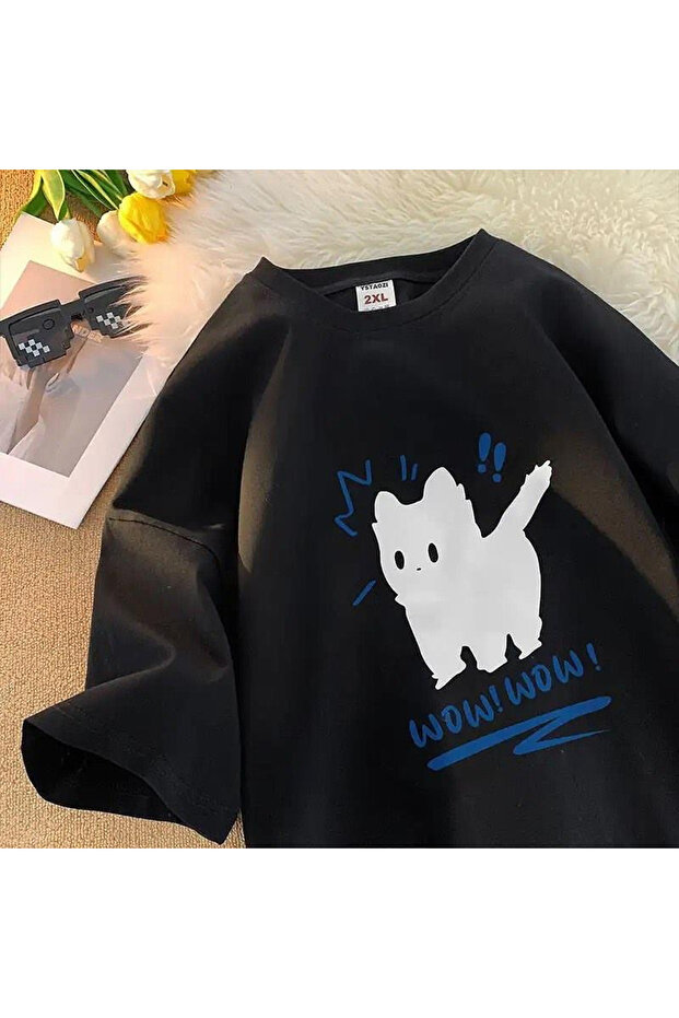 Wow Cat Detailed Oversize Unisex Black T-shirt