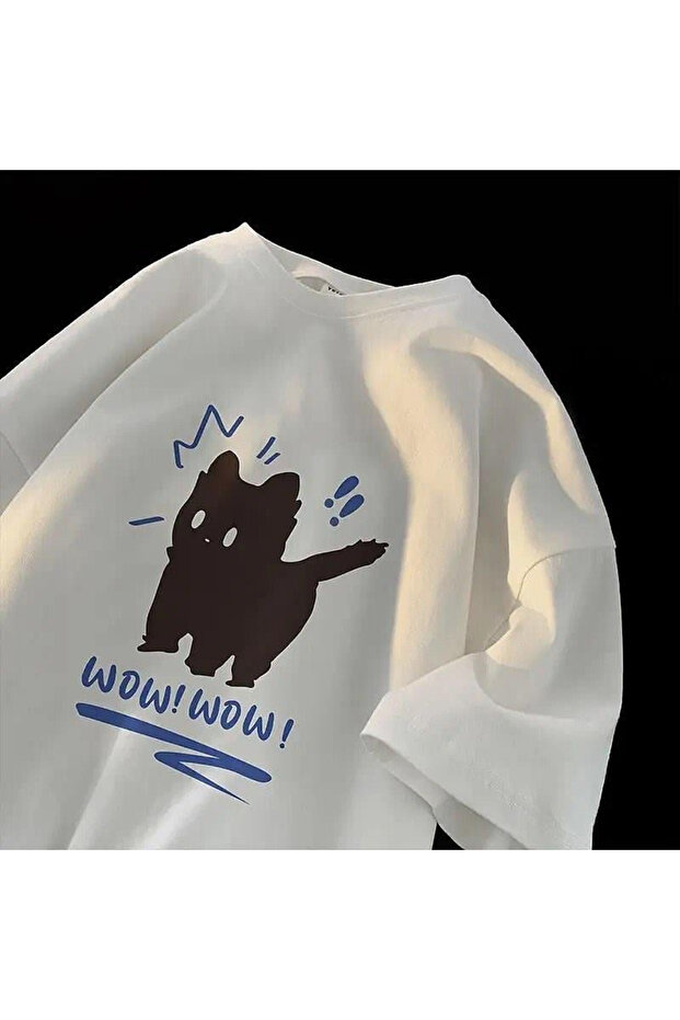 Wow Cat Detailed Oversize Unisex Black T-shirt