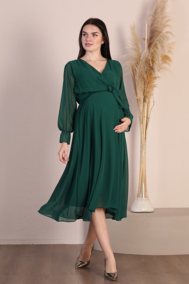 Maternity Wrap-Neck Belted Chiffon Dress, Trendy for Weddings, Engagements, Henna Nights, Emerald Green