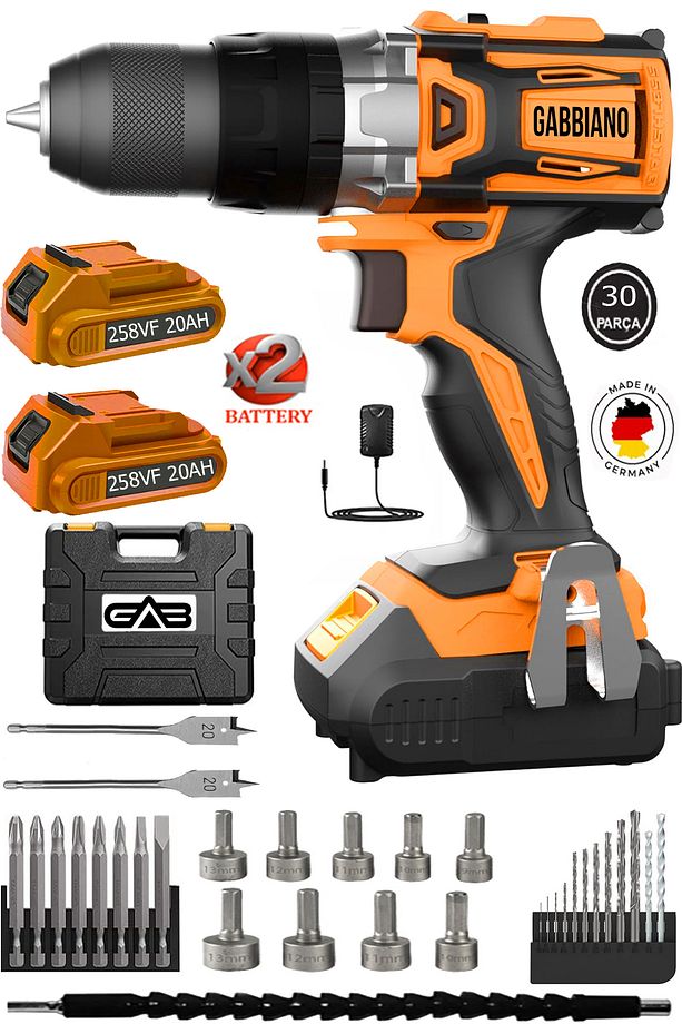 Gabbıano Alman 256vf 20ah 30 Parça Set 10mm Çelik Mandren 2 Akülü Darbeli Şarjlı Vidalama Matkap - 1