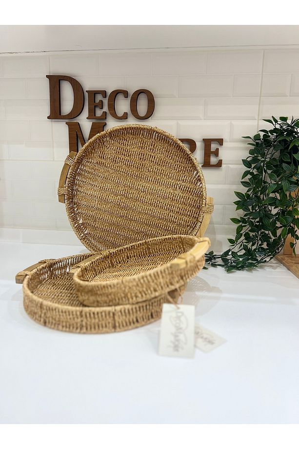 Rattan Yuvarlak Tepsi , Dekoratif Tepsi, Sunum Tepsi Orta Boy, Çay Kahve Tepsi - 3