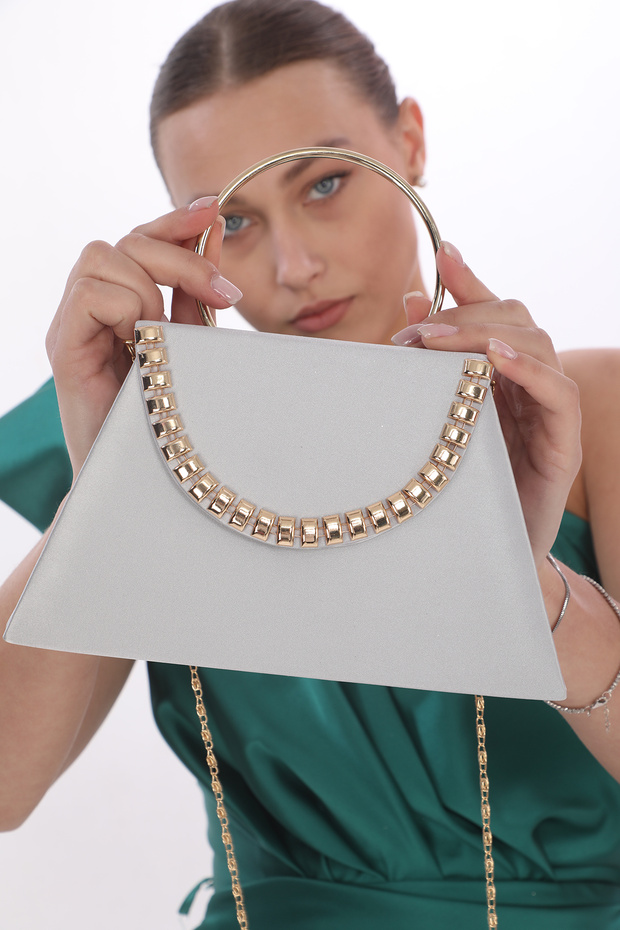 Silver Color Satin Fabric Women's Evening Dress Portfolio Clutch Wedding Engagement Henna Night Bag Hand and Strap Use